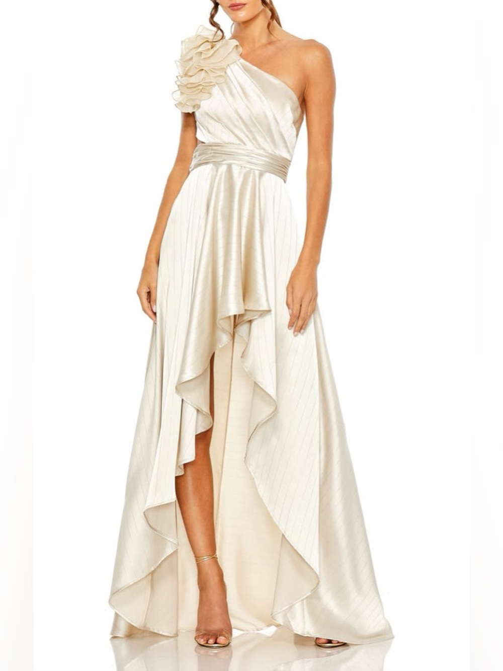 $398 Mac Duggal Ruffled One Shoulder Cut Out Hi-Lo Gown size 12
